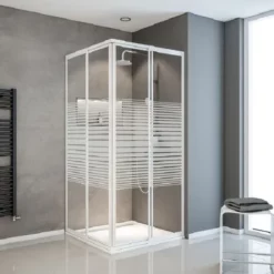 Accès D'angle Droit 75-88 X 175 Cm, Portes De Douche Coulissantes, Sunny, Schulte, Décor Rayures Horizontales, Verre 3 Mm, Profilé Blanc