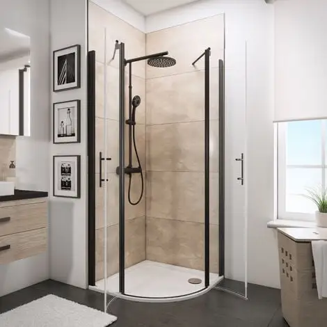 Accès D'angle Arrondi Avec Portes Battantes, Verre 5 Mm Transparent Anticalcaire, Profilé Noir, Style Industriel, Schulte, 80 X 80 X 192 Cm 4 Accès D'angle Arrondi Avec Portes Battantes, Verre 5 Mm Transparent Anticalcaire, Profilé Noir, Style Industriel, Schulte, 80 X 80 X 192 Cm – Image 2