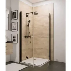 Accès D'angle Droit Avec Portes De Douche Pivotantes-pliantes, Verre 5 Mm Transparent Anticalcaire, Profilé Noir, Style Industriel, Schulte, 80 X 80 X 192 Cm
