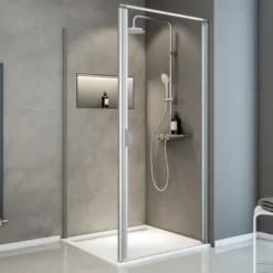 Porte De Douche Pivotante + Paroi De Retour Fixe, Verre 5 Mm Transparent, Sunny ExpressPlus Schulte, Profilé Alu-nature, 80 X 80 X 185 Cm