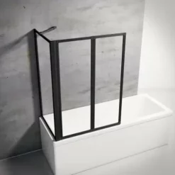 Pare-baignoire Rabattable, Sans Percer, Paroi De Baignoire Schulte, écran De Baignoire Pivotant à Coller, Verre 3 Mm Transparent, 2 Volets Pliants + 1 Paroi Latérale, Profilé Noir, 87 X 70 X 120 Cm