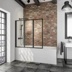 Pare-baignoire Rabattable, Sans Percer, Paroi De Baignoire Schulte, écran De Baignoire Pivotant à Coller, Profilé Noir, Verre 3 Mm Transparent, 3 Volets, 127 X 120 Cm