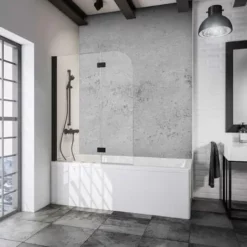 Pare-baignoire 112 X 140 Cm, Verre 5 Mm, Paroi De Baignoire 2 Volets, écran De Baignoire Pivotant, Verre Transparent, Traitement Anticalcaire Fixil, Profilé Noir, Schulte