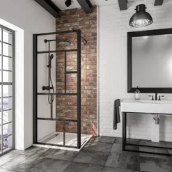 Paroi De Douche à L'italienne Avec Retour Pivotant, Profilé Noir à Clipser, Paroi Fixe Walk In Style Industriel, NewStyle, Schulte, Verre 5 Mm Transparent Anticalcaire, 90 X 40 X 200 Cm